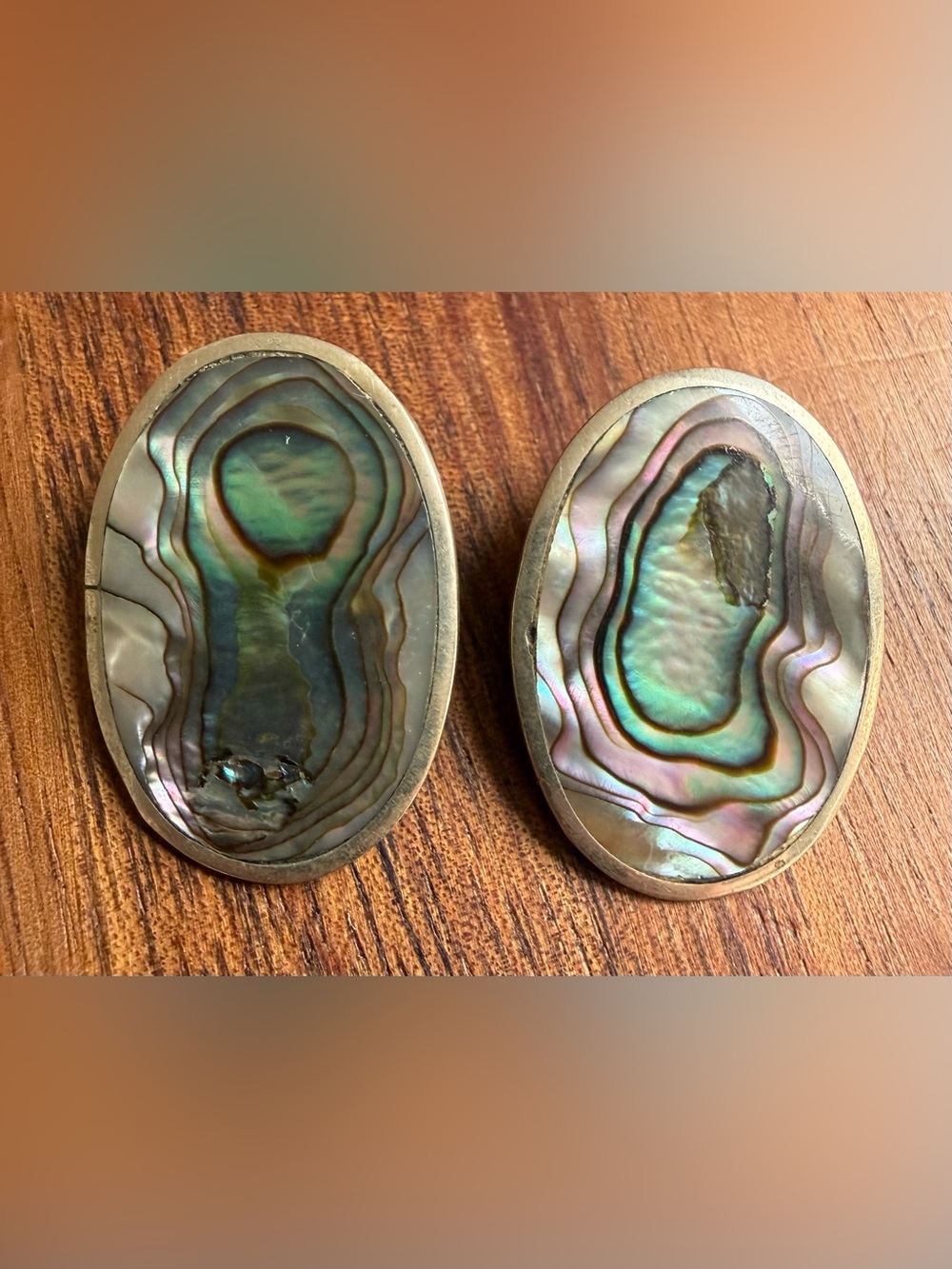 Vintage Alpaca Mexico Abalone Shell Oval Clip On Earrings Iridescent Green